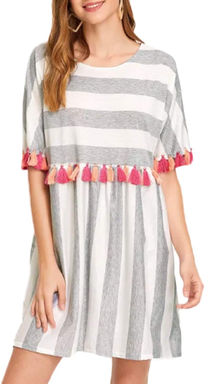 Womens Casual Loose Round Neck Short Sleeved Striped Colorful Tassel Trim Dress X-Large Grey