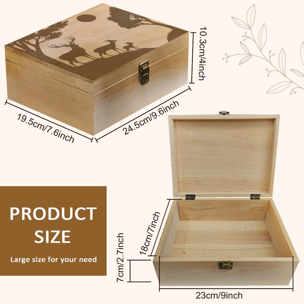 arricraft 1 scatola dei ricordi in legno, una famiglia di tre cervi nella foresta con il sole, scatola decorativa in legno con coperchio a cerniera per foto, DVD, lettere, 24,5 x 19,5 x 10,3 cm