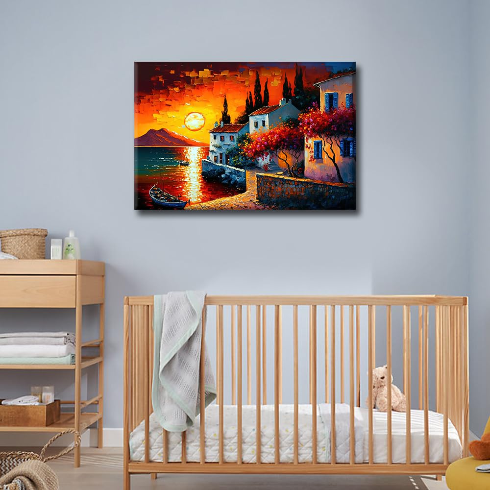 TISHIRON Greece Seaside Cityscape Wallpaper Wall Art Ocean View in Evening Time Oil Painting for Living Room Bedroom Canvas Home Decor House Decorations Framed Ready to Hang 16"x24" - Image 4
