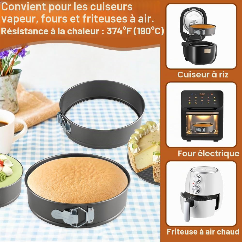Lot de 3 Moule à Manqué Rond, 20/22/24cm Moule à Gàteau Rond, Carbone Moules à Charnière Avec Fond Amovible, Moule Bento Cake pour Faire Gâteaux