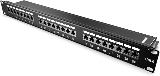 kwmobile 24 Port Cat6 Patch Panel - 19 Inch Cat 6 Network Patch Panel Mountable Rack RJ45 Ethernet Hub with Cable Management Bar and Accessories