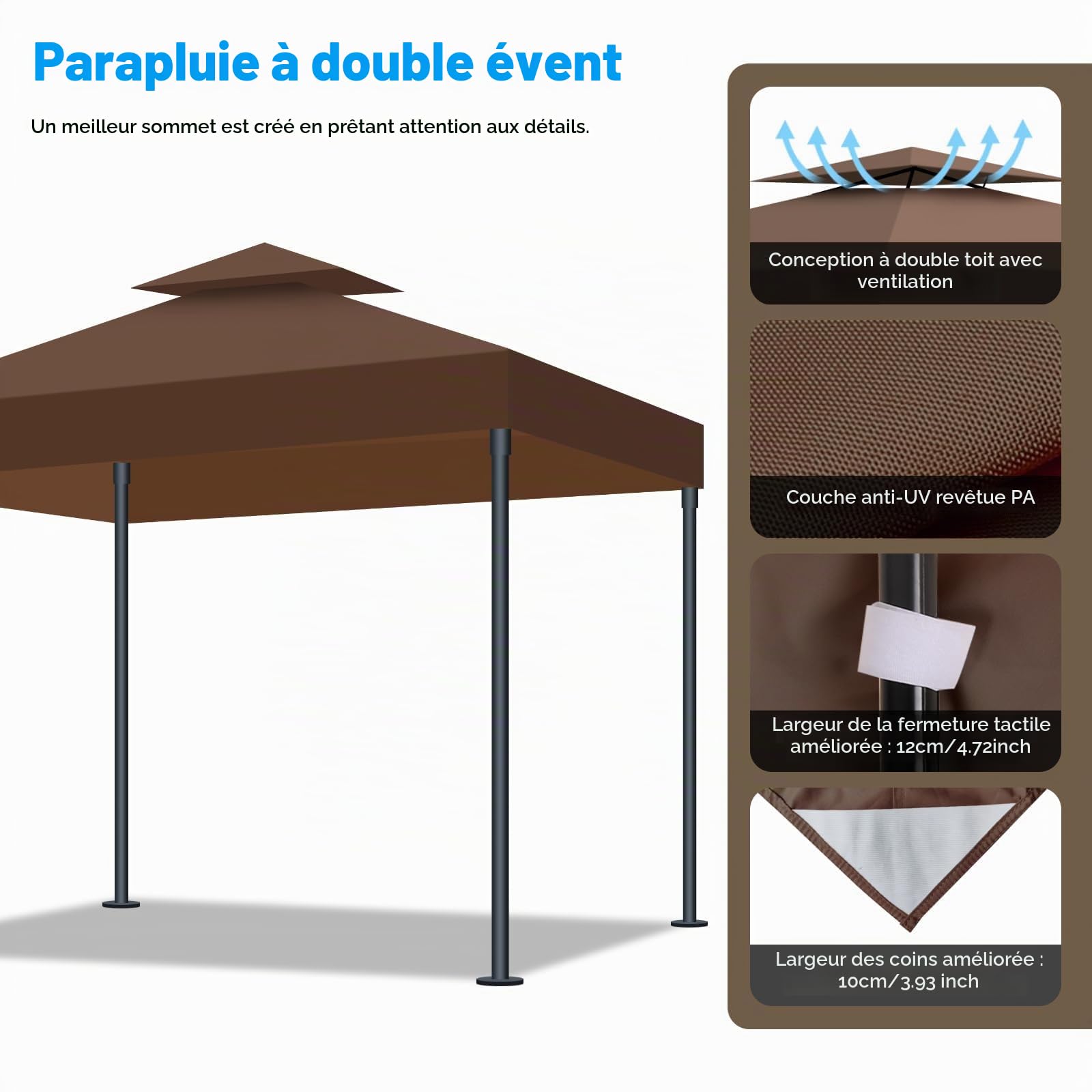Toit de Remplacement pour Tonnelle 3x3m Imperméable et Protection Solaire, Double Ventilation Toile de Rechange pour Pavillon pour Jardin, Camping et Terrasse (Marron)