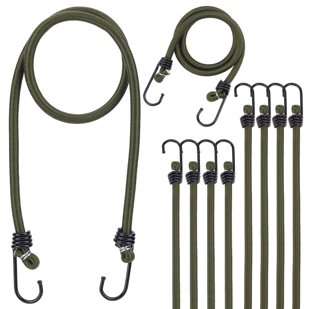 BENECREAT 10 pz Corde Elastiche con Ganci In Ferro， Cinghie Elastiche Antiurto Da 79cm per Bagagli, Articoli In Bundle, Riparazione di Teloni, Tende (Verde Oliva Scuro)