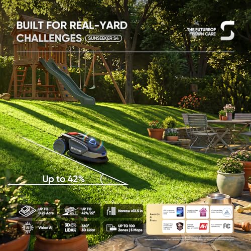 Image of Sunseeker S4 LiDAR Robot Lawn Mower for Up to 0.25 Acre (1000 m), Vision AI + 360 3D LiDAR Navigation, Wire-Free Virtual Boundary, Systematic Cutting, 42% Slope, App Control, 60 dB Quiet Mowing