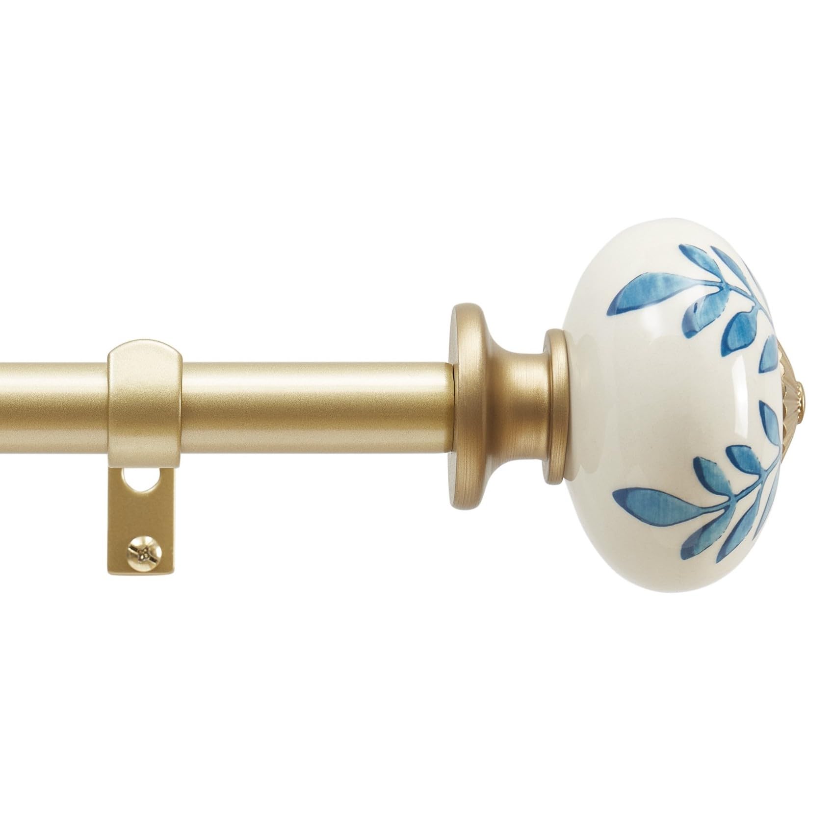 Martha Stewart Roseland Curtain Rod Set for Windows 66”-120”, 3/4 inch, Brushed Brass, Blue White Finials