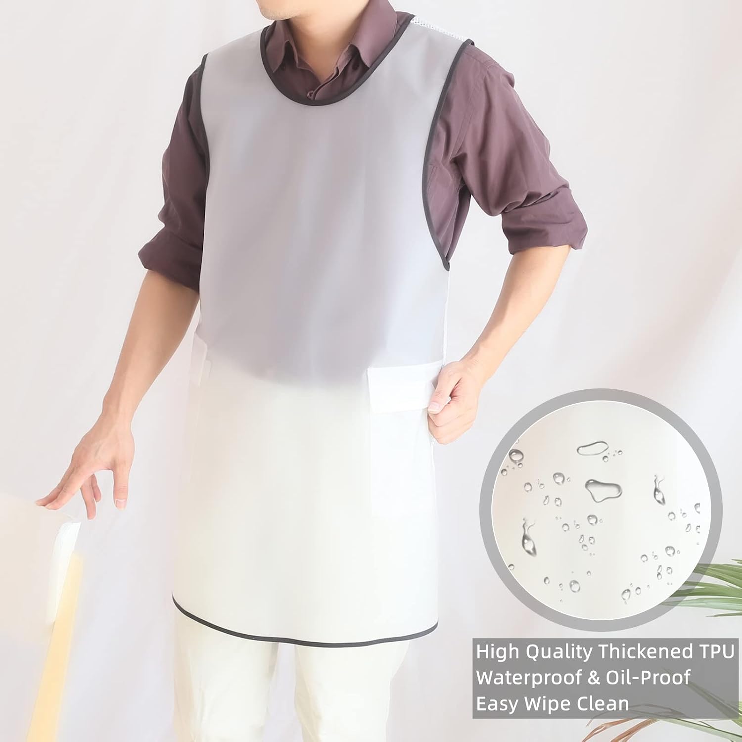 Waterproof Cross Back Apron, Shortened Design Waterproof Apron, Japanese Style Aprons with Pockets, X Cross Halter Apron, Cooking Aprons for Dishwashing, Cleaning Work with Water - White Translucent image 2