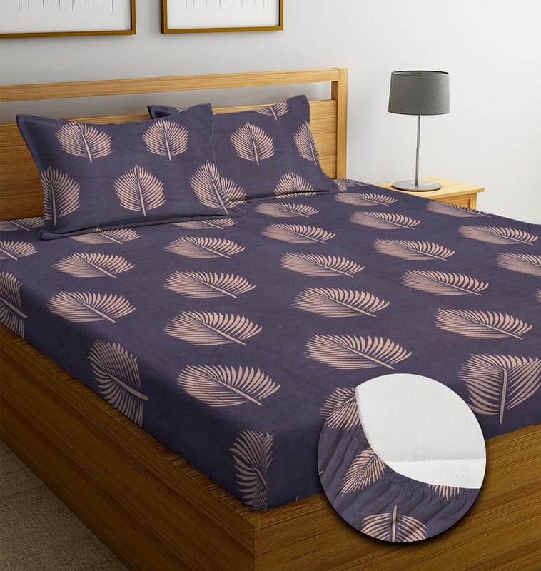 Image of Jashan Premium Cotton Fitted Bedsheets with 2 Pillow Covers for King Bed | 200-220 TC | Size 78x72+10 Inches | Choclate | Soft, Durable, All-Around Elastic Modern Collections (Purple)