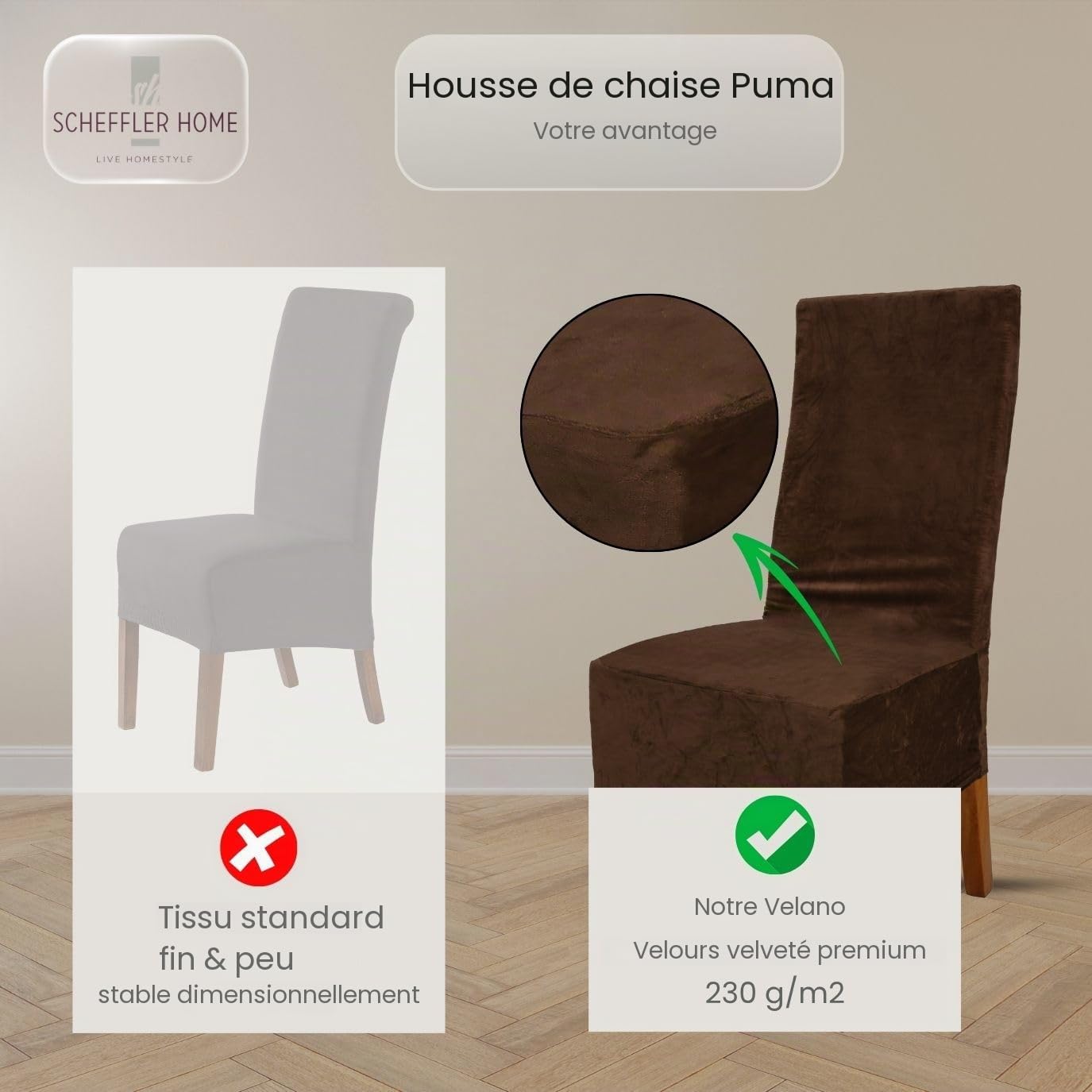 SCHEFFLER-Home Housse de Chaise Extensible « Puma Velvet » / Lot de 4 / Marron/Housses de siège élastiques en Velours/Housses de Chaise pour Chaise Luge