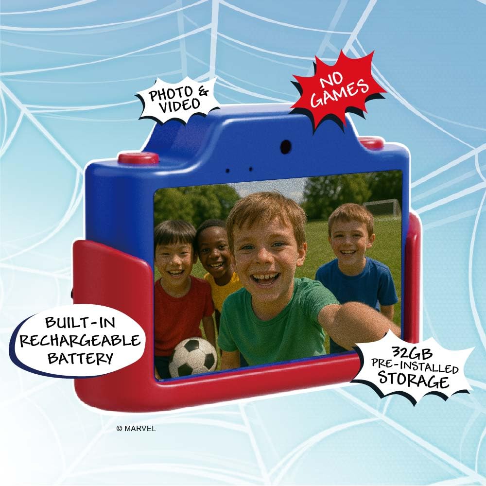 Kidamento Appareil photo numérique et caméscope vidéo pour enfants avec écran tactile, boîtier en silicone souple, capuchon d'objectif amovible, carte mémoire de 32 Go – Modèle K Spider Man