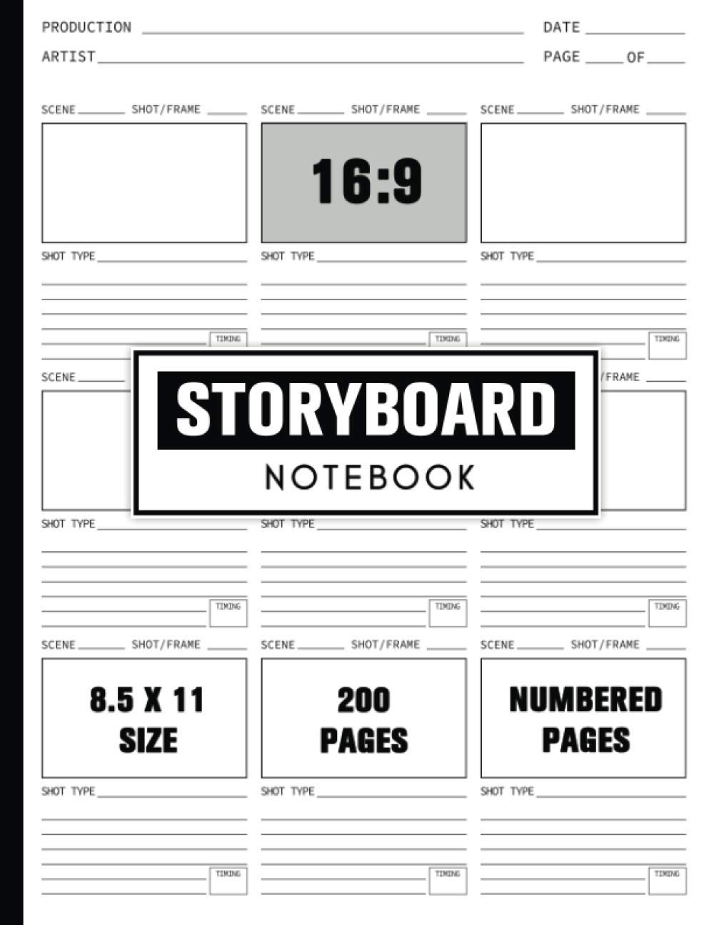 Storyboard Notebook: 16:9 Frame Picture Book For Writers, Film Makers, Blank Storytelling Sketchbook, 9x9 Story Board Layout Templates, 8.5 x 11 Size ... Film Writing Sheets For Men, Women, Kids
