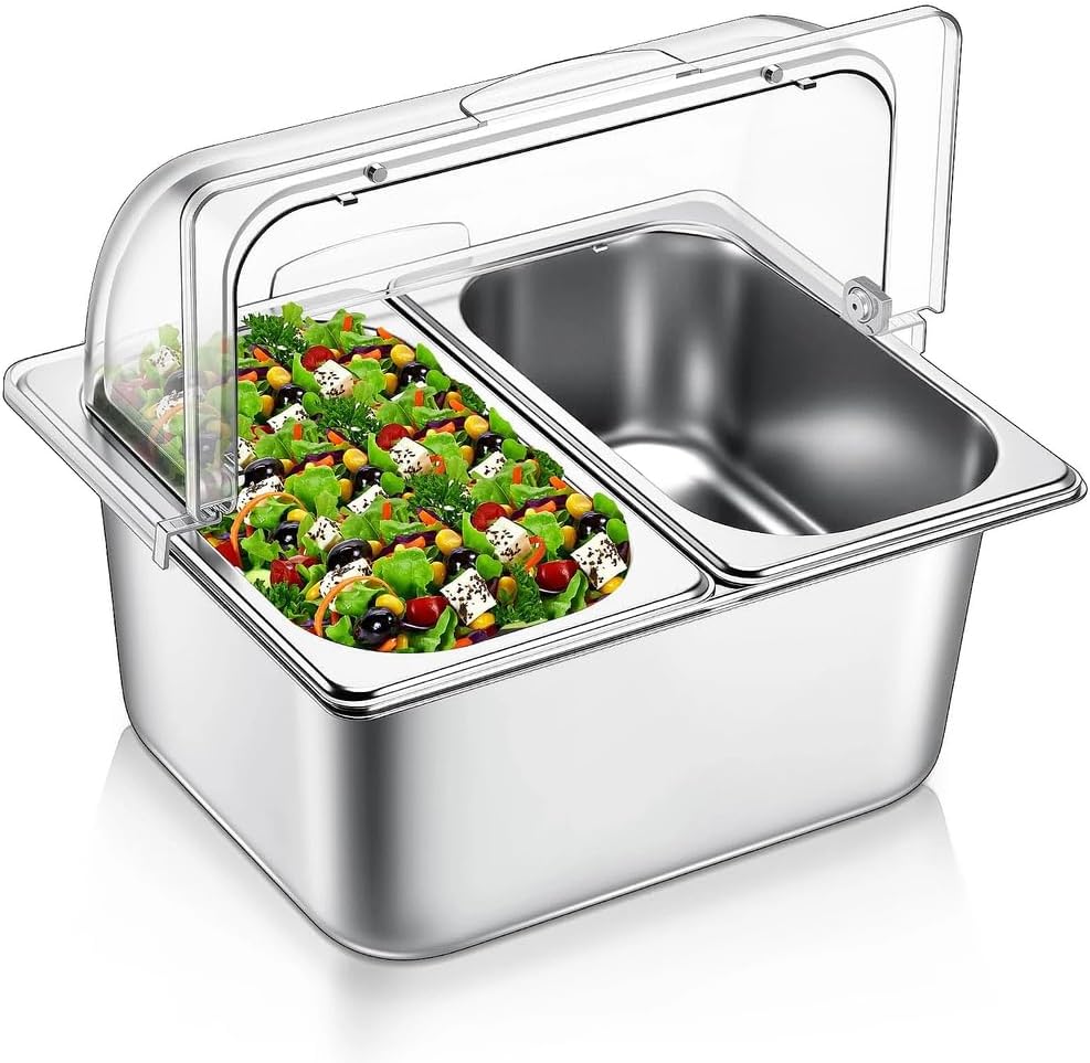 Countertop Food Serving Display Container, 2 Pan Stainless Steel Food Serving Tray with Clear Lid Buffet Display Condiment Container for Restaurant Hotel Kitchen