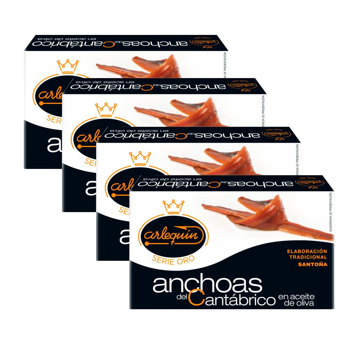 ARLEQUIN Serie Oro Anchoa del Cantábrico, Elaborada a Mano en Santoña, en Aceite de Oliva (4 Latas - 360 grs)