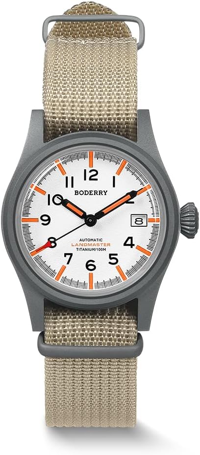 BODERRY Men's Watch Titanium Automatic Field Watch 38mm Military Watch Day Date Function 100M Waterproof with Nylon Strap Japanese NH35 Mechanical Movement & Screw Down Crown—LANDMASTER