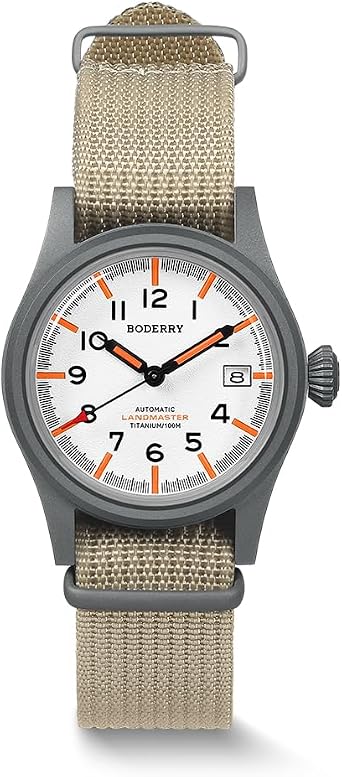 BODERRY Men's 38mm Titanium Watch, Automatic, Military, Day/Date Function, 100M Waterproof, Nylon Strap, Japanese NH35 Movement, Screw-Down Crown   LANDMASTER
