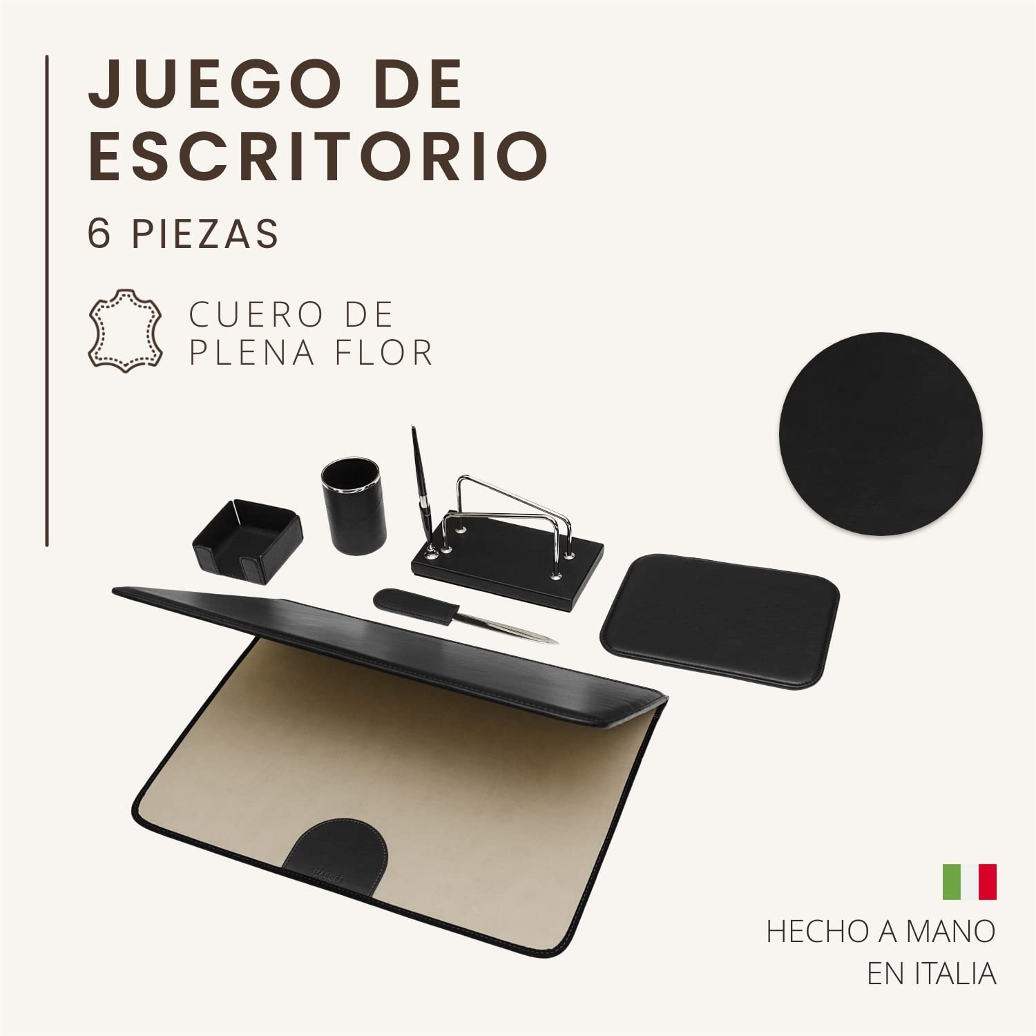 Juego de escritorio de 6 piezas - 100% cuero de plena flor - Hecho a mano en Italia por expertos artesanos - Elegante y funcional, ideal para la oficina - Negro
