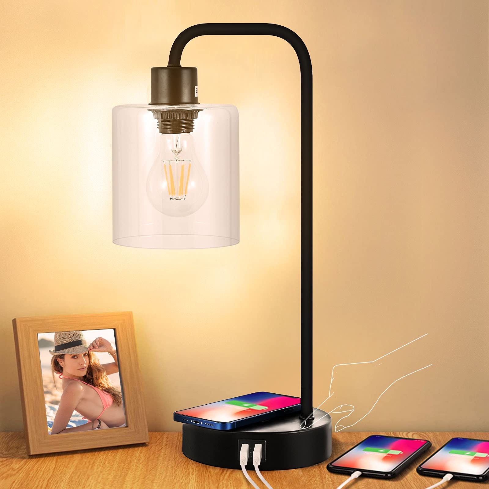 ccko Industrial Desk Table Lamp with Wireless Charger, Dimmable Touch Control Beside Lamp with 2 USB