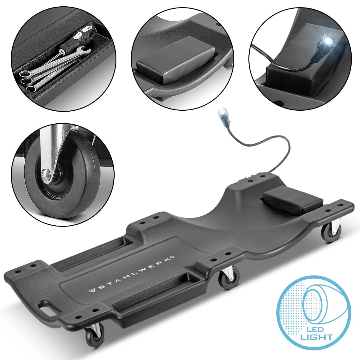 STAHLWERK RCL-40 ST Planche à roulettes pour voiture avec lumière LED intégrée, capacité de charge de 500 kg et 6 roulettes mobiles, planche de montage | Table de montage | Planche à roulettes