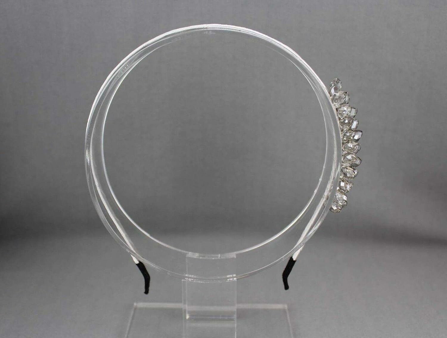RIX Women's Luxury Grey Beaded Headband R-5386 on a clear display stand