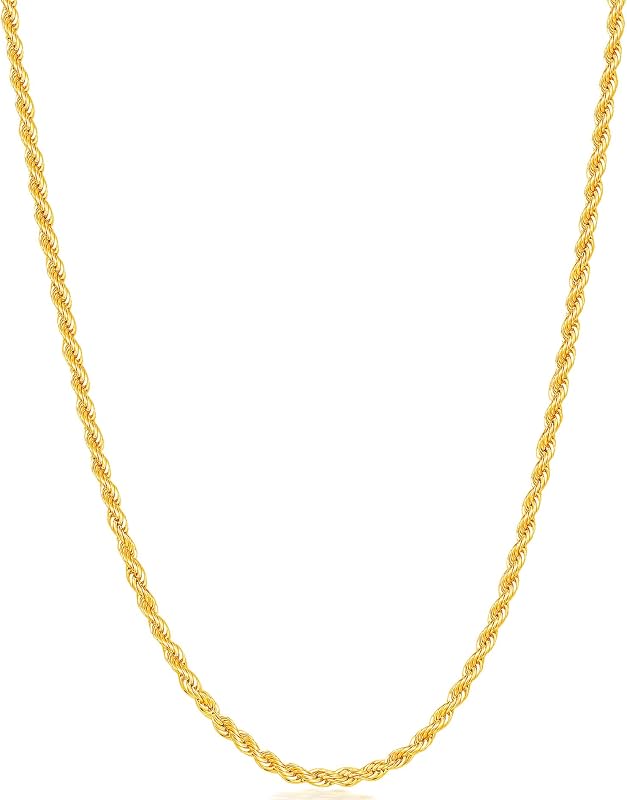 18K Gold Plated Rope Chain for Men | Stainless Steel Necklace for Men and Women, 2/2.5/3/4/5mm Chain Necklace, 16-28 Inches