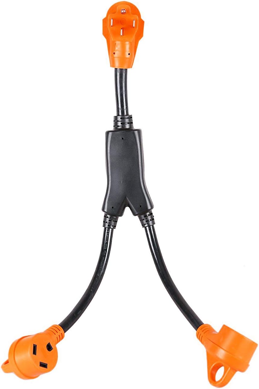 EPICORD rv Y Adapter Cord 50 Amp Male Plug to (2) 30 Amp RV Female,with Handles and Light,2.5FT๏ผ10/3