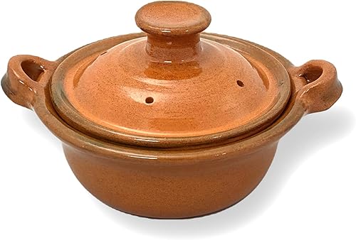 Ancient Cookware, Olla de Cazuela con tapa de arcilla mexicana, pequeña, terracota, 4 onzas