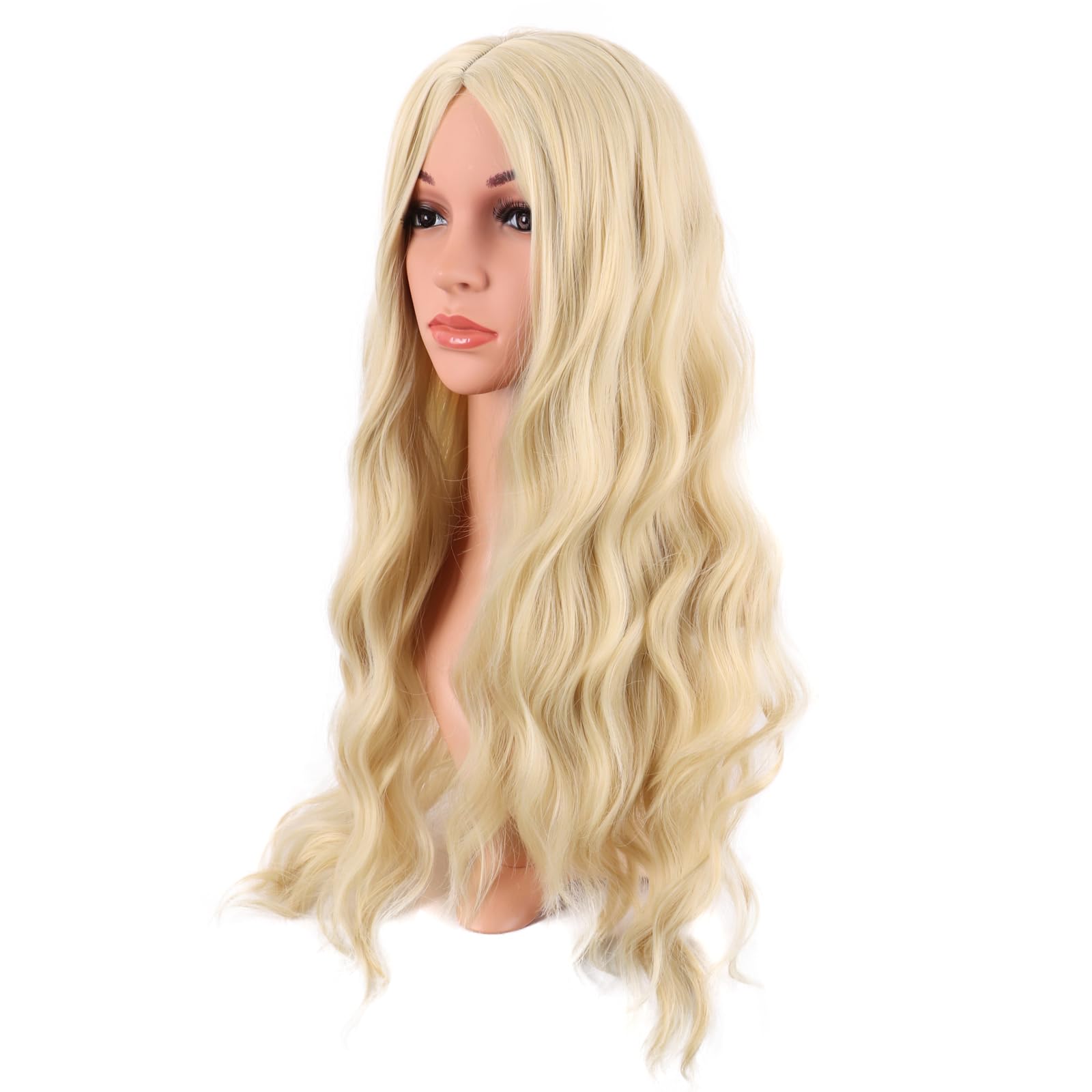 MapofBeauty 28 Inch/70 cm Long Wavy Middle Part with No Bangs Synthetic Fiber Curly Fashion Women Party Cosplay Wig (Mixed Blonde) - Image 2