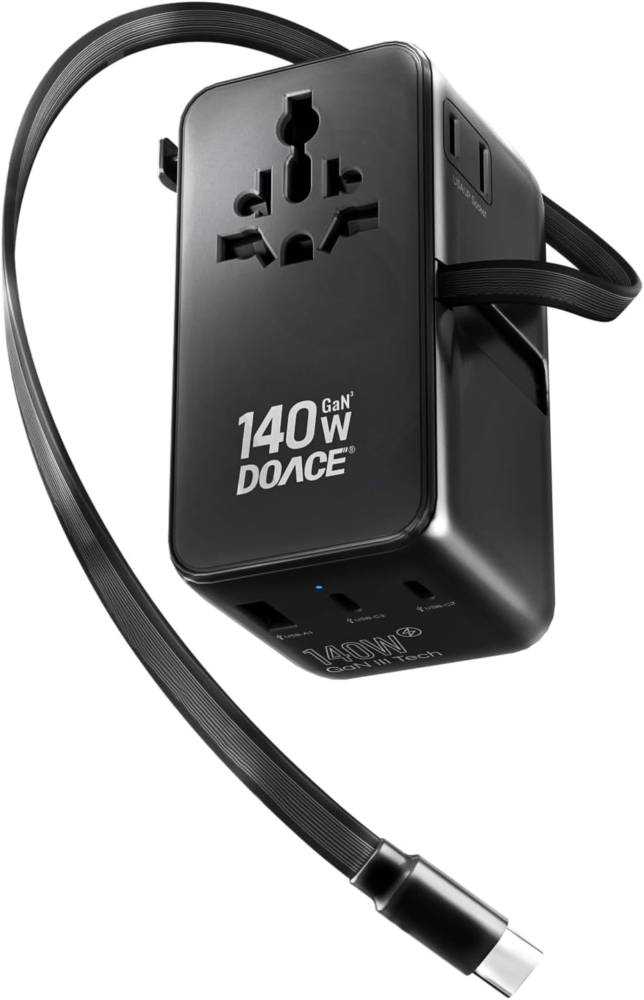 DOACE Universal Travel Adapter, 140W GaN 3.0 European Travel Plug Adapter with Built-in USB-C Cable, 6 in 1 USB-C PD Fast Charging Universal Adapter for Worldwide Travel-EU/UK/USA/AUS