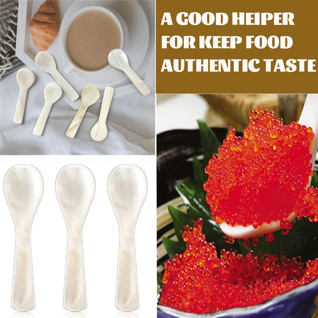 ZKGYUS 2 Piezas Cucharas de Nácar Mini para Caviar y Huevo - Hechas a Mano, Color Blanco, Extremos Redondos - Para Servir, Café y Postre
