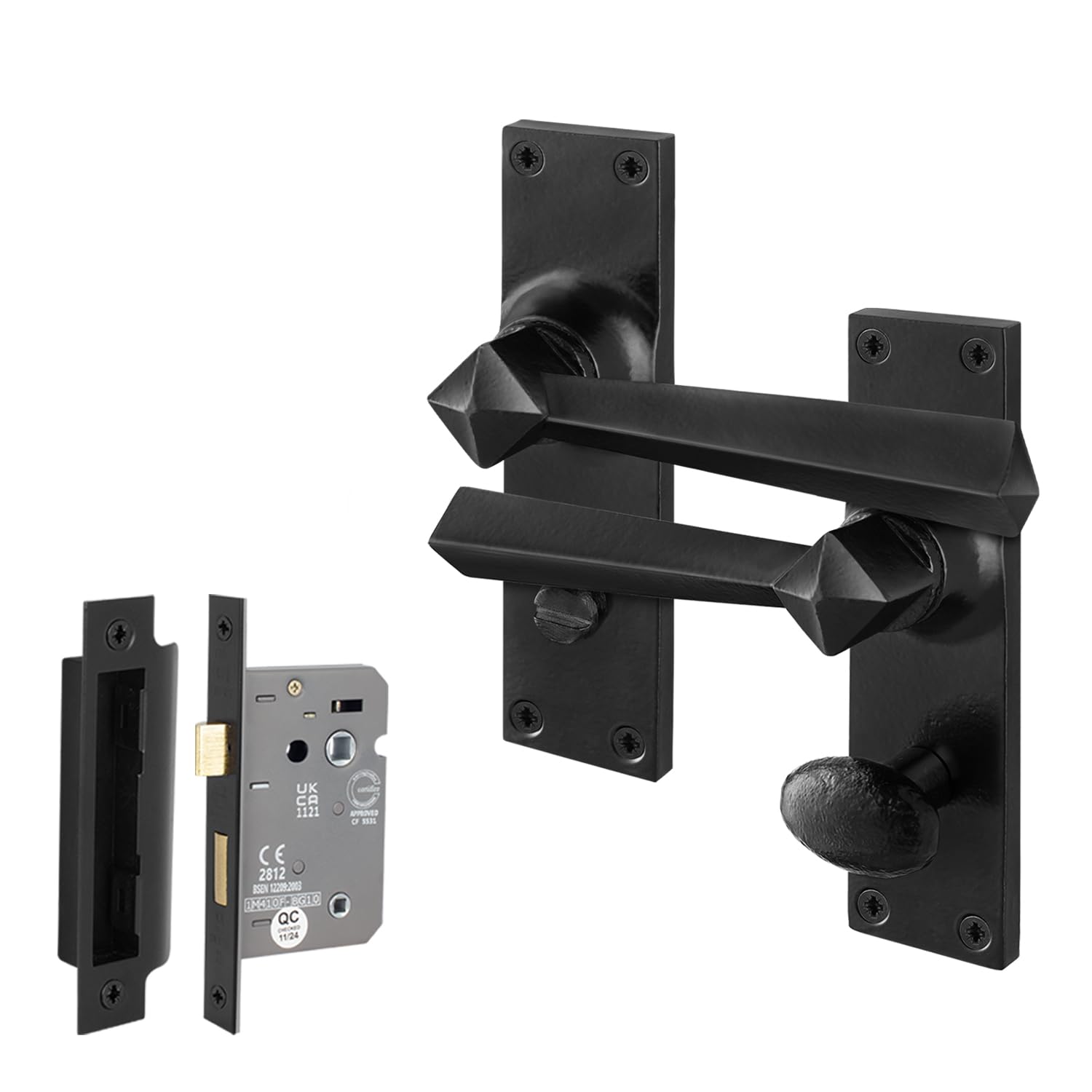 Eai Black Antique Door Handles Bathroom Kit, 1 Pair Of Rustic Cast Iron Internal Handles On Backplate, Lock 64Mm, Tudor Range