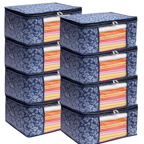 Image of Flower Printed Saree Covers for Cloth Storage & Wardrobe | Transparent Window, Zipper Closure | Blue | Pack of 8 | Dustproof, Breathable, Travel & Home Use
