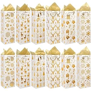 VEYLIN Bottle Gift Bag, 12 Pack Gold Christmas Wine Cover Bag with Handle and Tags for Winter Holiday Party Decoration