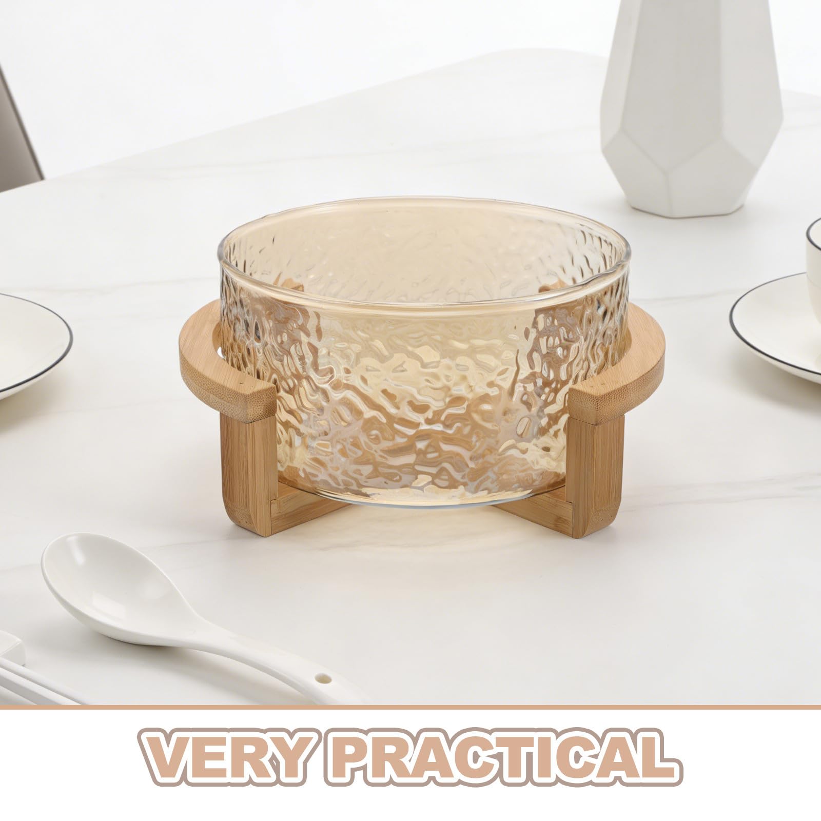 Bol para Ensalada de Vidrio con Efecto Ondas de Agua y Base de Bambú Dorado, Elegante y Resistente, Adecuado para Picnics y Mesa de Comedor