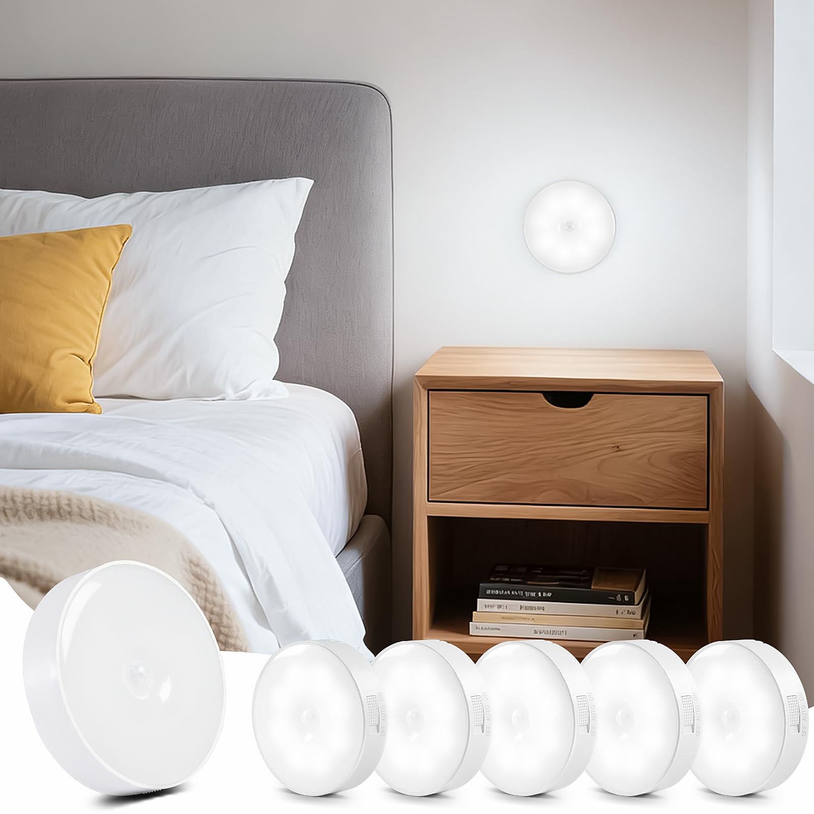 Aurevita Motion Sensor Lights Indoor, 6 Pack Cupboard Light, Stair Lights Night Light, 3 Modes USB Charging Wall, Magnetic for Kitchen Stair Closet Under Cabinet (Cold White, 6)