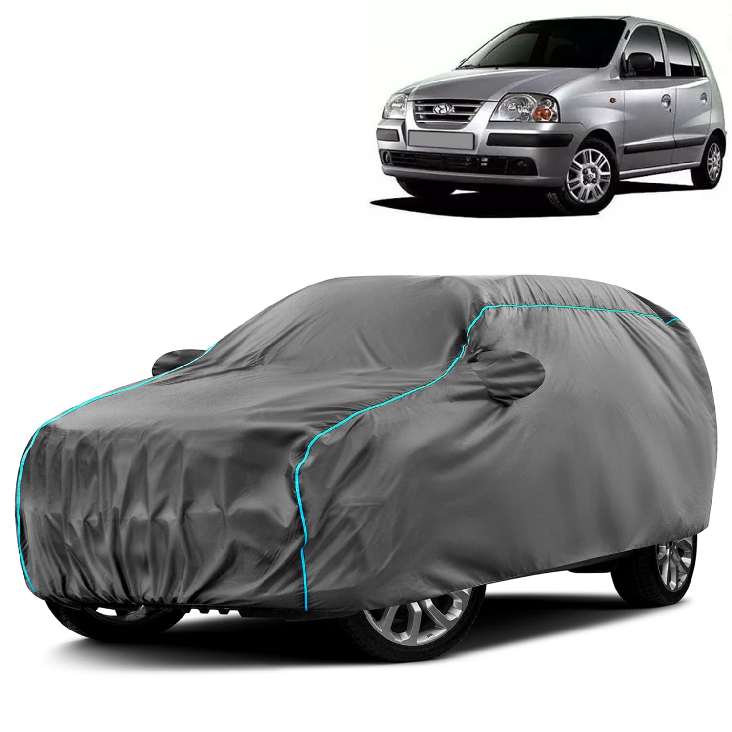 Water-Resistant Dustproof Car Cover for Hyundai Santro Xing - Mirror Pocket, UV Protection, Scratch Guard, Buckle Belt, Front & Back Bottom Elastic with Aqua Blue Piping - Grey-image-22