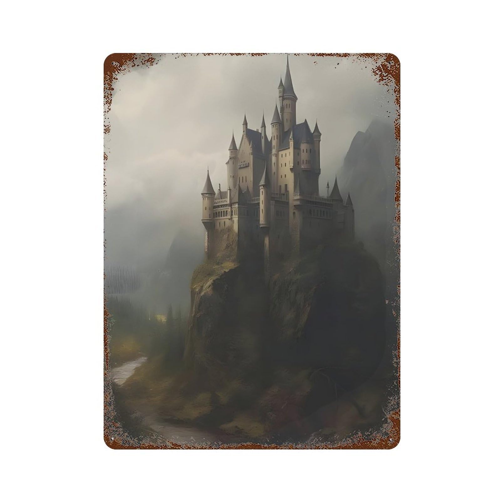 xiaoxiaoshen Medieval Castle On The Hill Moody Landscape Wall Decor Art Metal Tin Poster Modern Home Decor Art Home Bar Shop Decorations Vintage Sign 40x30cm