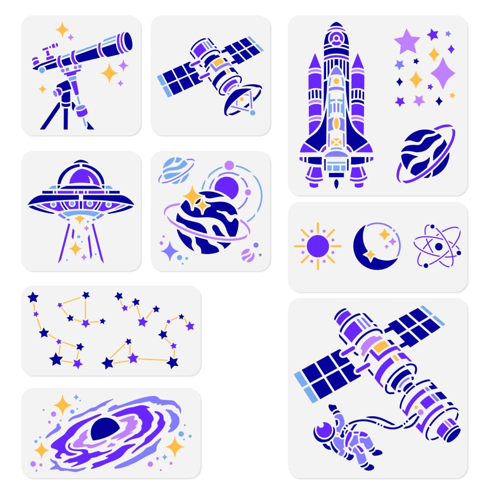 DOODLREAM 9 Pack Space Universe Planet Craft Stencil for Painting Reusable Plastic Aviation Themed Stencils for Painting on Wall Wood Fabric Canvas DIY Home Decor Craft Stencil