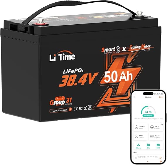 LiTime 36V 50Ah Trolling Motor Bluetooth Low-Temp Protection LiFePO4 Battery Buit in 50A BMS, Deep Cycle Group31 Lithium Iron Phosphate Battery Perfect for Trolling Motors, Marine, Boat, Home Energy