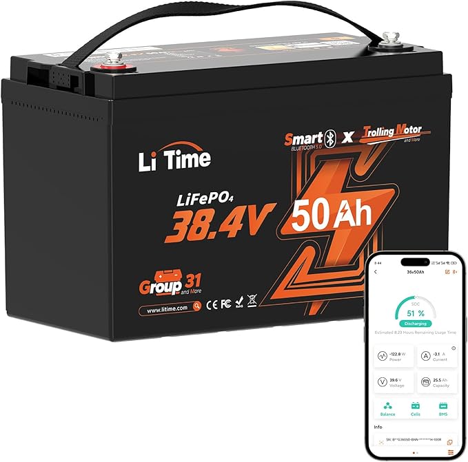 LiTime 36V 50Ah Trolling Motor Bluetooth Low-Temp Protection LiFePO4 Battery Buit in 50A BMS, Deep Cycle Group31 Lithium Iron Phosphate Battery Perfect for Trolling Motors, Marine, Boat, Home Energy