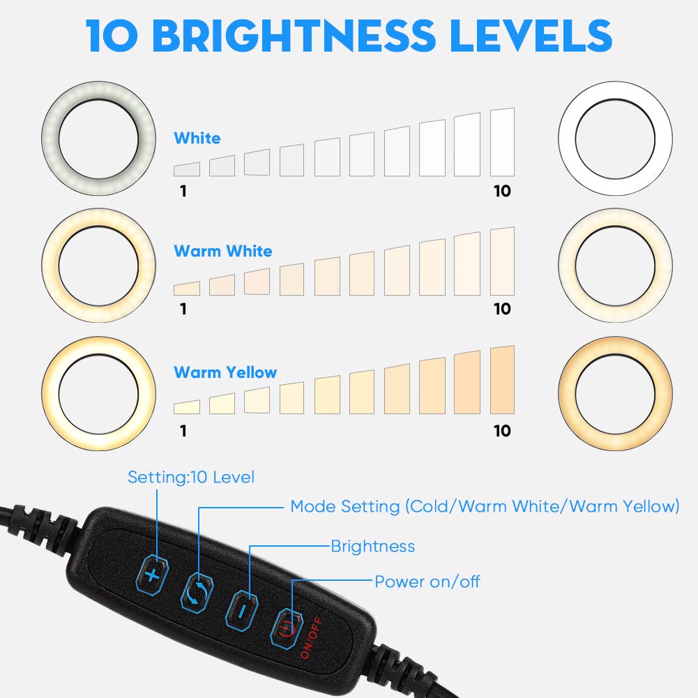 luce, 6"Standing Circle Light 3 10 Livello luminosità, Lampada Selfie per Trucco a LED (con treppiede e supporto telefono cellulare), con telecomando,Youtube, TikTok