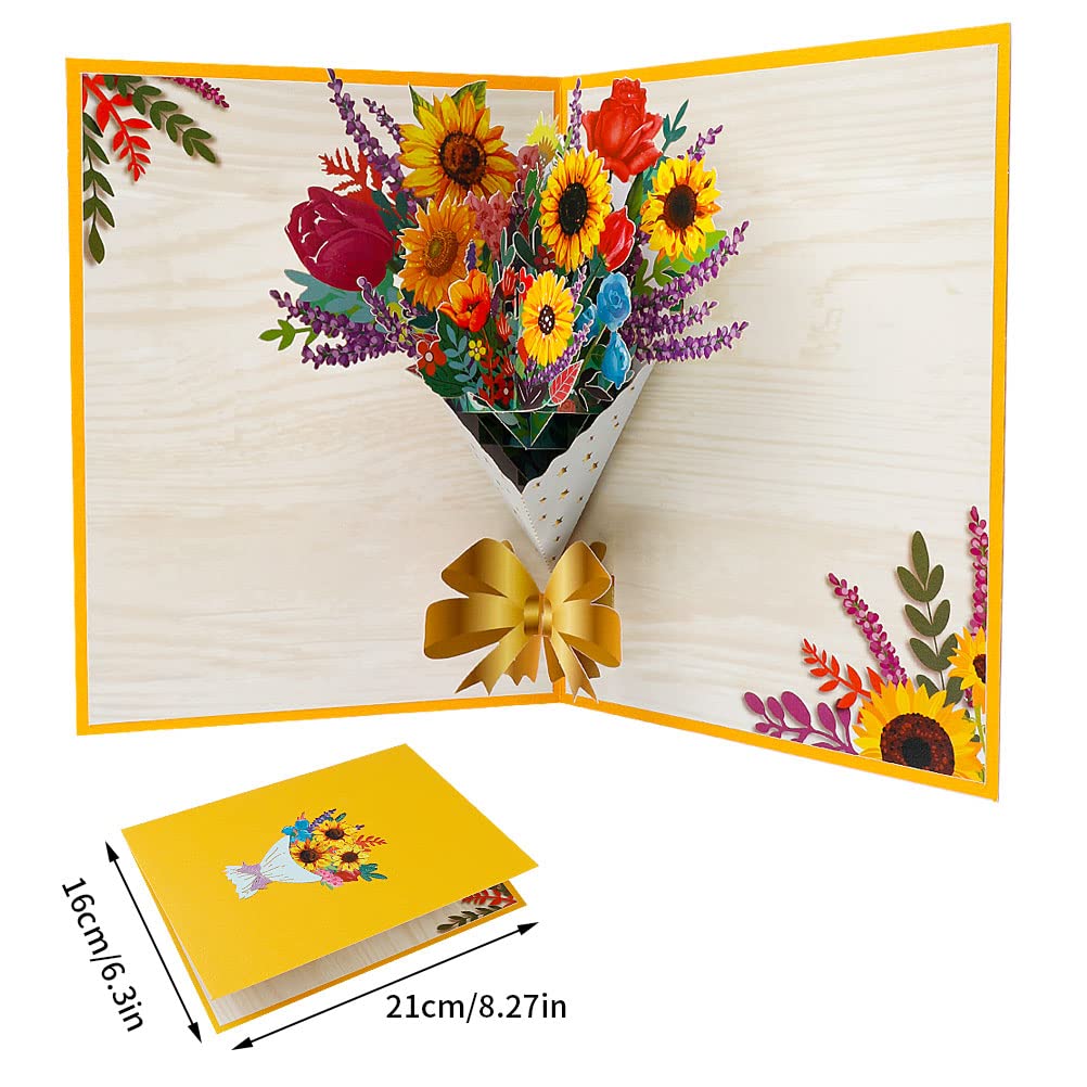Tarjeta Regalo Especial Tarjeta Pop-Up Girasoles 3D - Ramo De Flores Papel - Incluye Sobre Y Tarjetas Notas - Regalo Cumpleaños, Amor Tarjeta Desplegable Flores