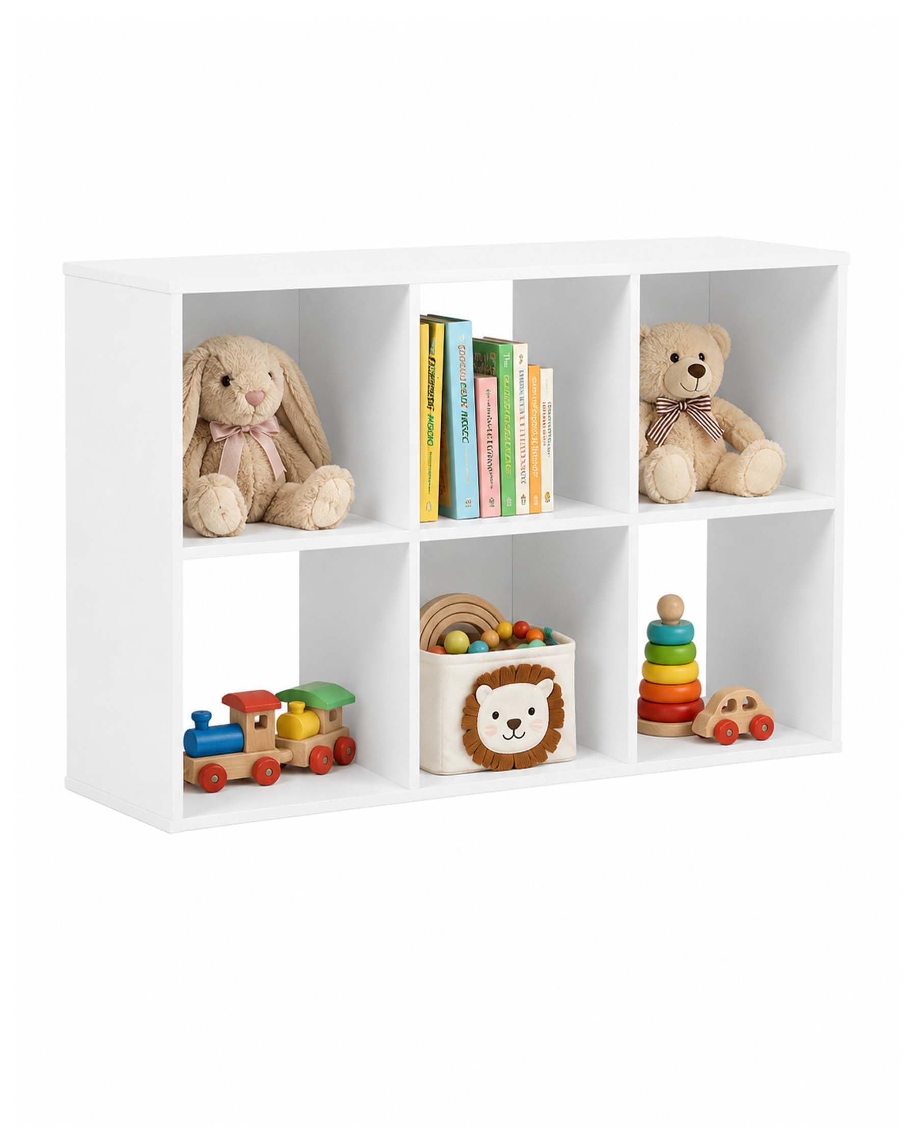 Libreria Bambini e Scaffale Portatutto - Mobiletto Organizzatore Giocattoli Bianco, Scaffale con 6 Cubi, Mobile Contenitore Stabile per Cameretta e Salotto, 92.5x29x62 cm