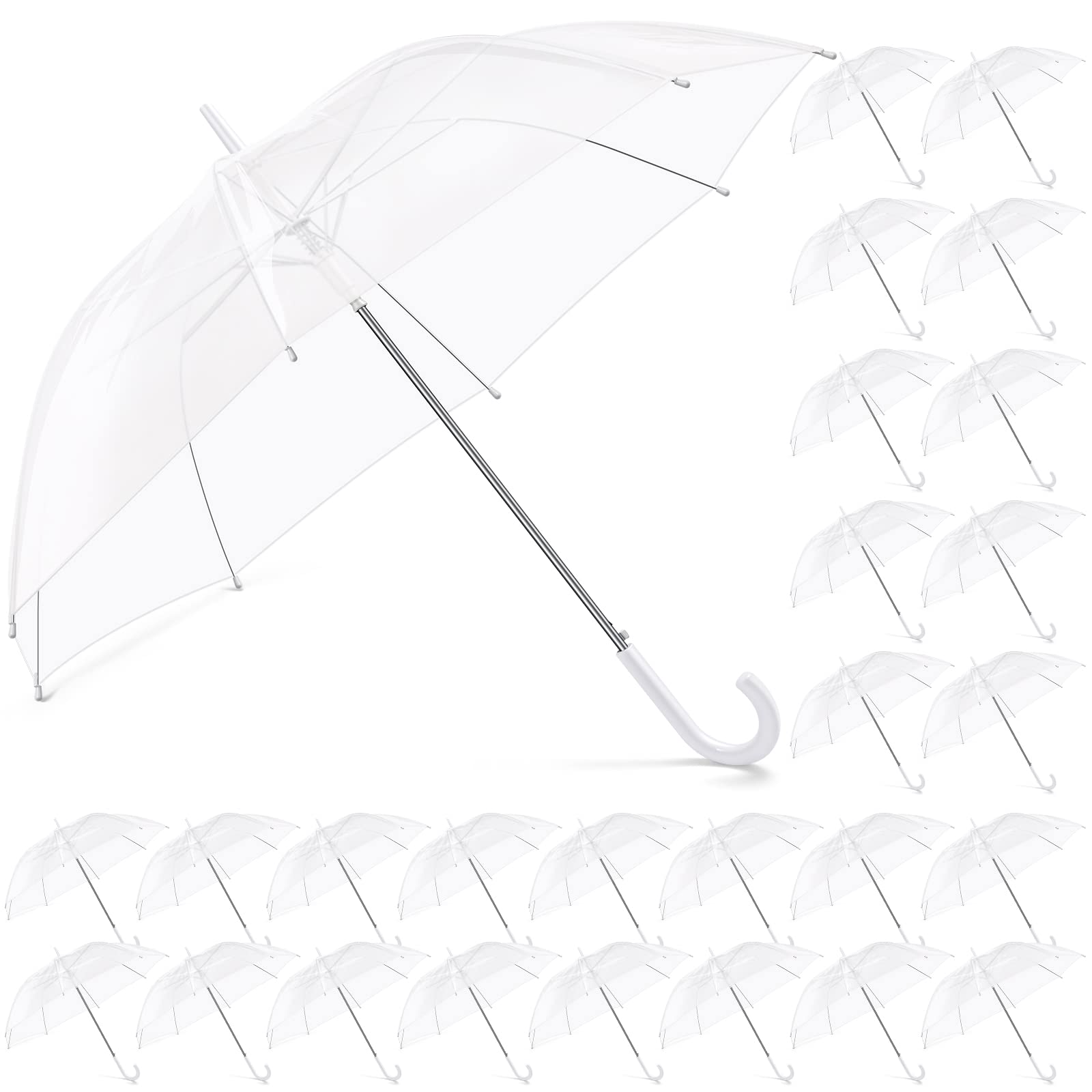 Amylove 36 Pack Clear Wedding Umbrella Auto Open Windproof Wedding Transparent Style Stick Umbrellas with J Hook Handle for Rain Large Canopy for Outdoor Women Men Bridal Party Ceremony(White Handle)