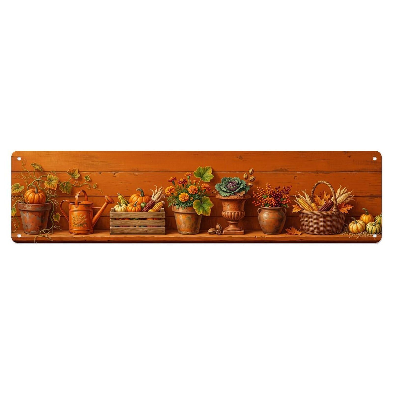 Floral Garden Tools Pumpkin Patch Pattern Print Metal Tin Sign