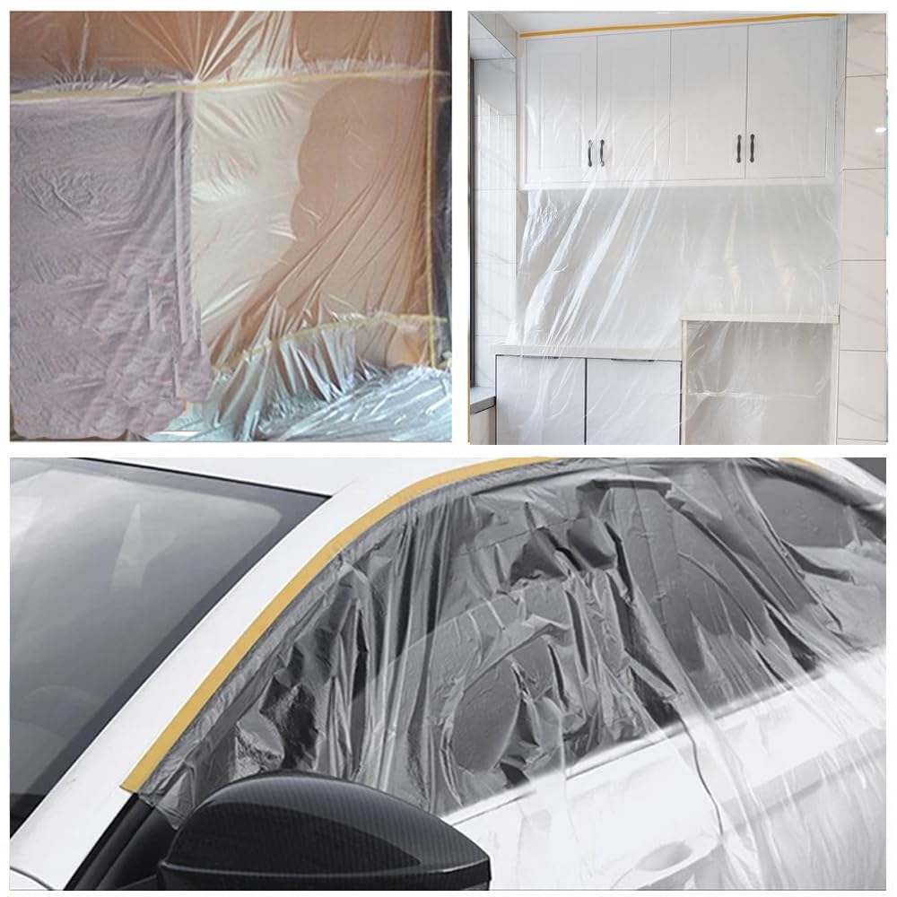CHANGZHONG Tape and Drape - 3 rollos de película adhesiva transparente presellada para pintura, decoración, papel de enmascarar para rociar cinta adhesiva para protección de muebles de pared de