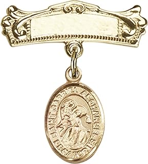 14kt Yellow Gold Baby Badge with St. Gabriel the Archangel Charm and Arched Polished Badge Pin 7/8 X 3/4 inches