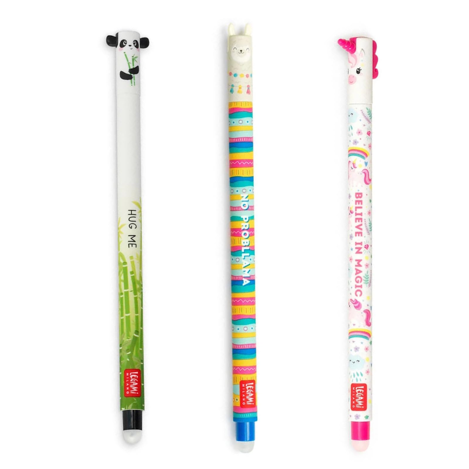 LEGAMI - Set of 3 Gel Eraser Pens, Adorable Pens with Erasable Ink, Unicorn, Panda and Llama Erasable without using leaf, 0.7 mm Tip