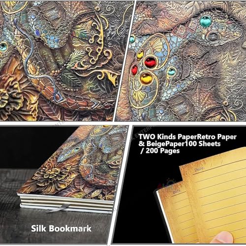 Image of Alokik 3D Lizard DND Vintage Leather Journal Writing Notebook with 200 Pages A5 Journal Diary,Antique Handmade Leather Diary,Travel Diary&Notebooks to Write in,Diary Gift for Men Women