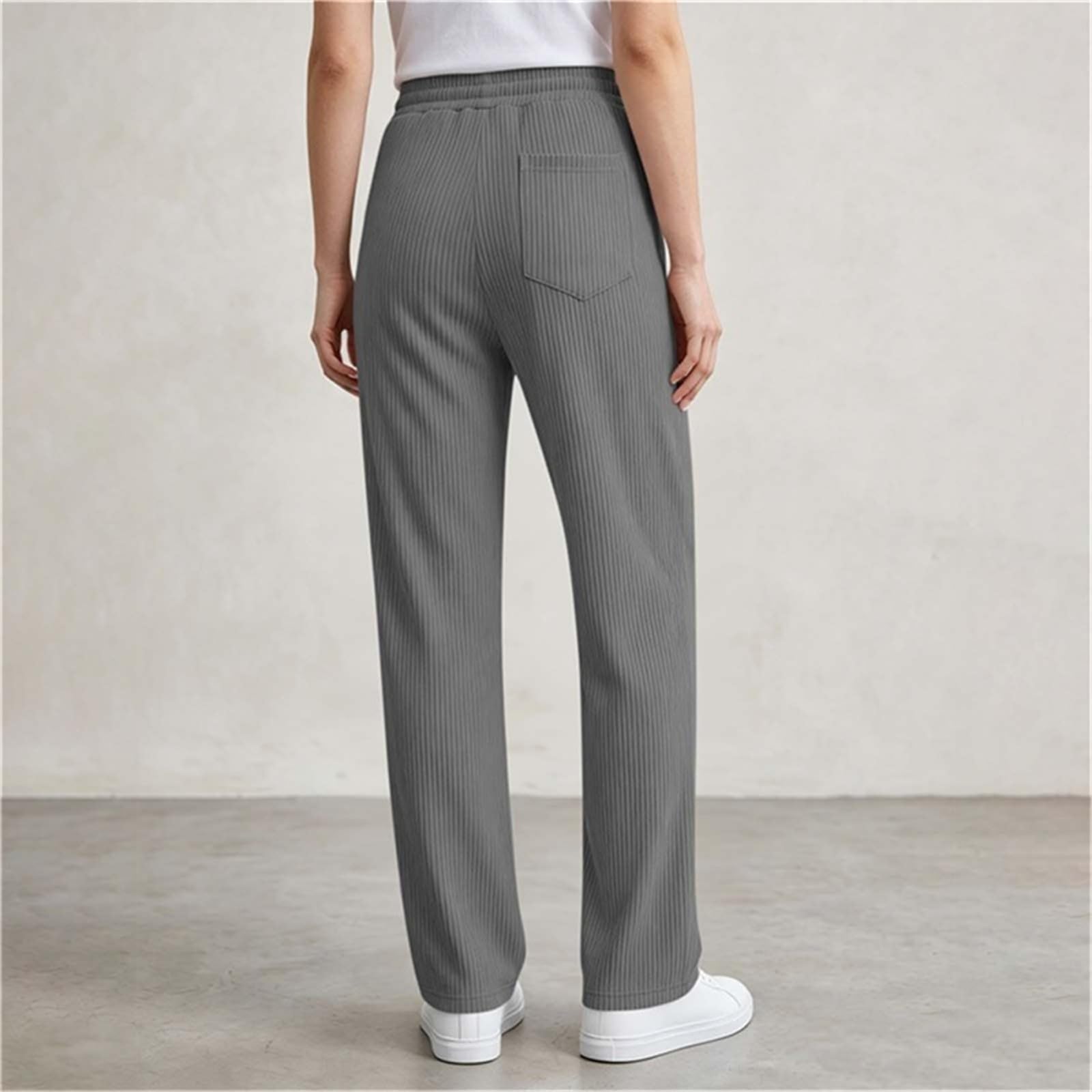 Pantalon Droit Femme Uni Taille Élastique Cordon Poches Confort Décontracté