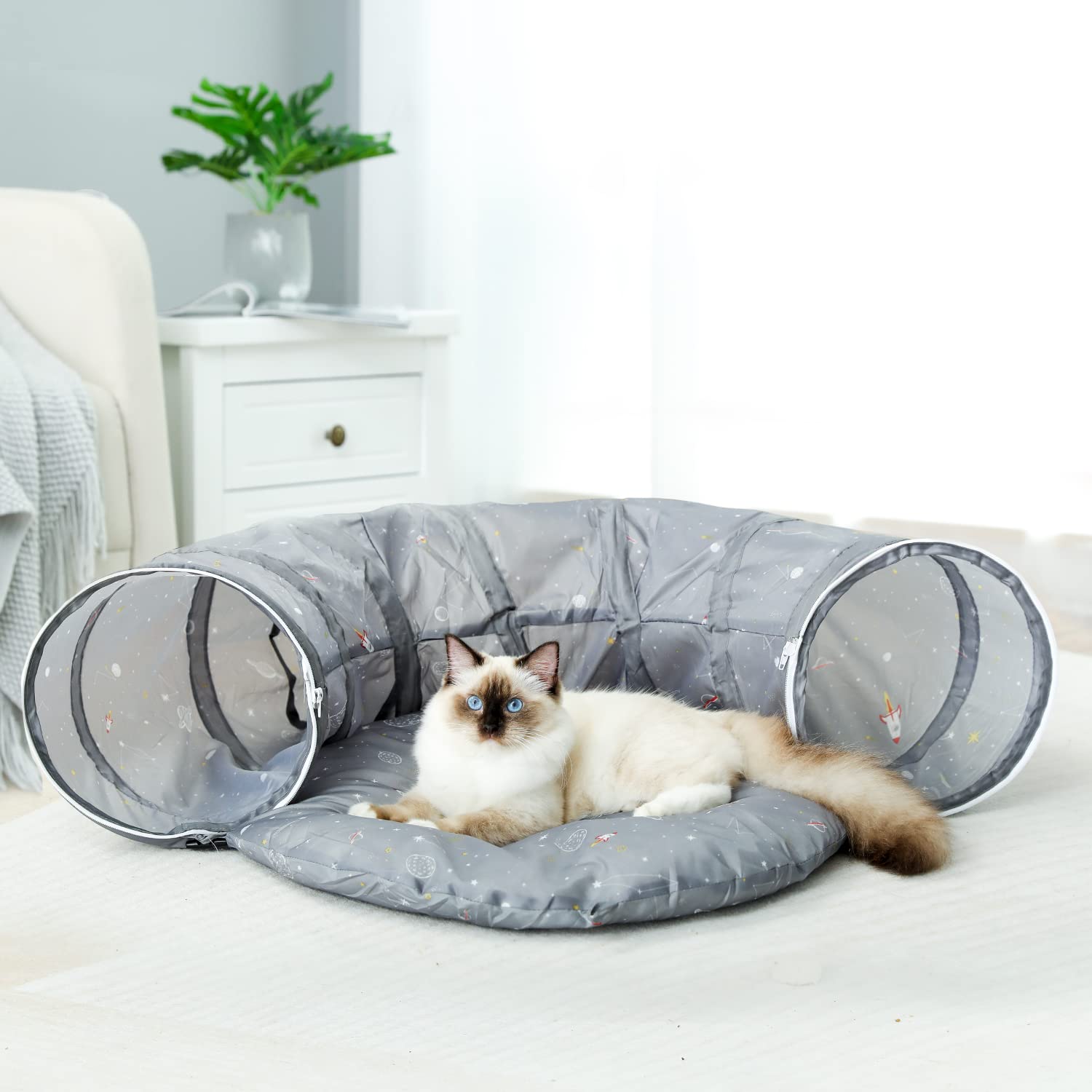 PAWZ Road Túnel para gatos, cama túnel para gatos con alfombrilla central blanda y juguetes de peluche, tubo túnel plegable con bonitos estampados de cohetes para gatitos, conejos de interior