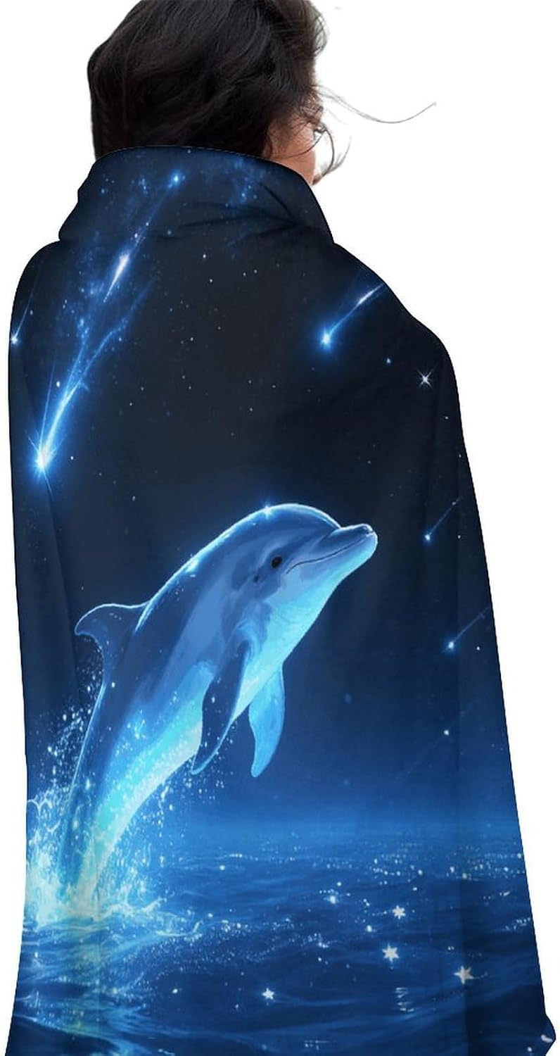 Star - Swimming Dolphin Throw Blanket Round Beach Towel | 59.1 Inch Circular Flannel blanket Large Soft Beach Blanket Lightweight Foldable Beach Towel Throw for Daily Leisure Use